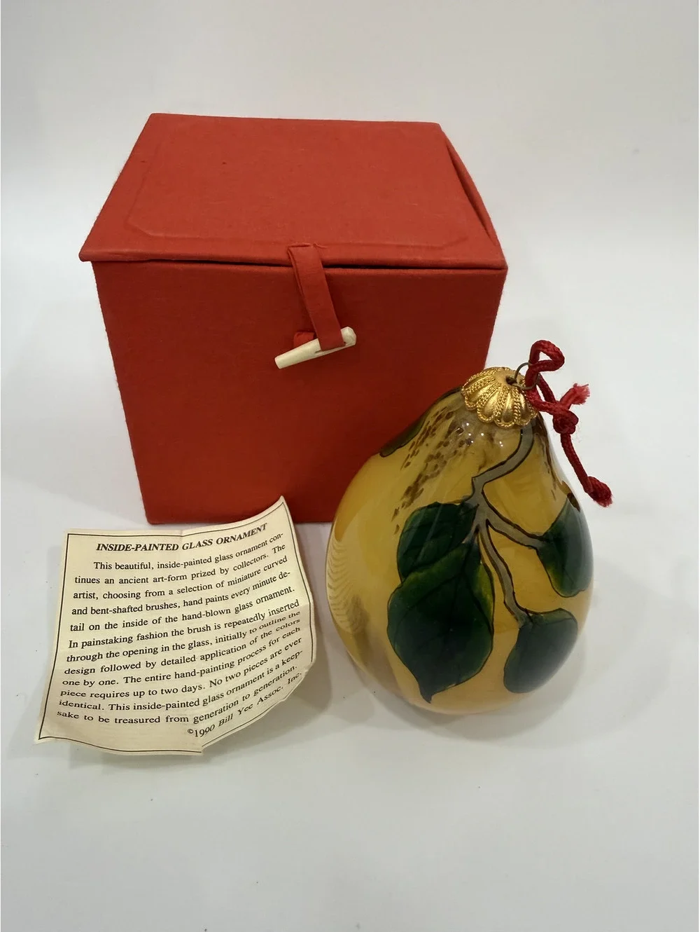 Vintage Hand blown Pear Glass fruit ornament with paperwork and box Christmas